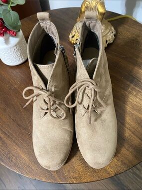 DV by Dolce Vita Taupe Suede Lace-Up Wedge Booties